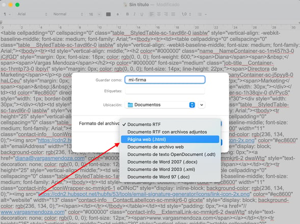 Archivo de firma HTML guardado en TextEdit