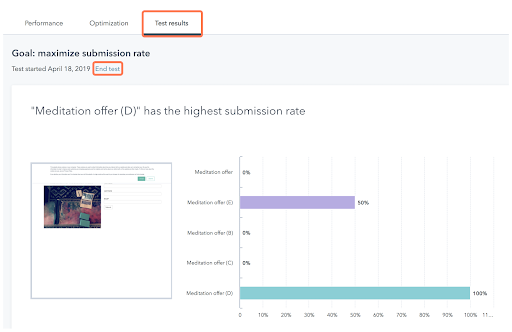 Un informe que muestra los resultados de un gráfico de prueba del sitio web adaptable a través de HubSpot