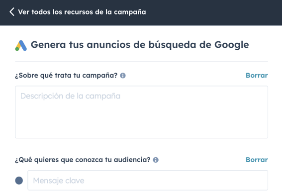 Cuadro de diálogo del editor de anuncios de Google Ads en el asistente de campañas