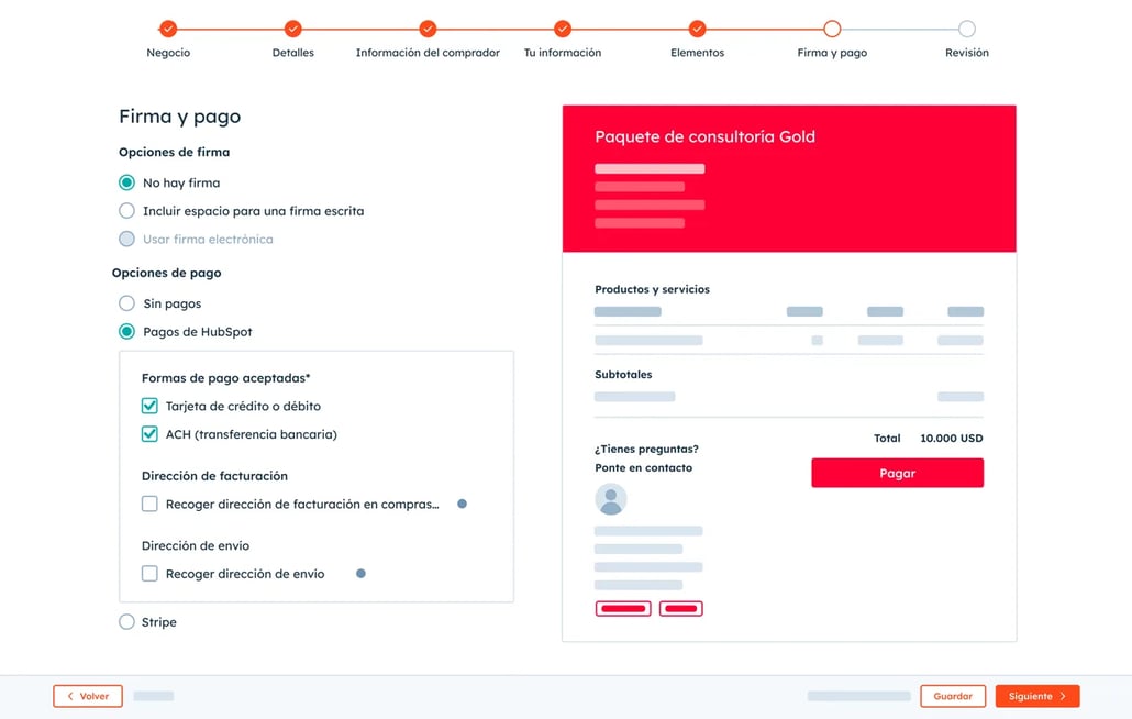 Interfaz del software para cotizaciones de HubSpot, en la que se ven los campos de los detalles de la cotización