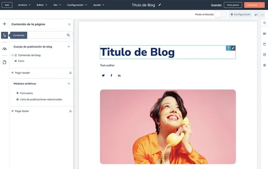 Interfaz del creador de blogs gratuito de HubSpot