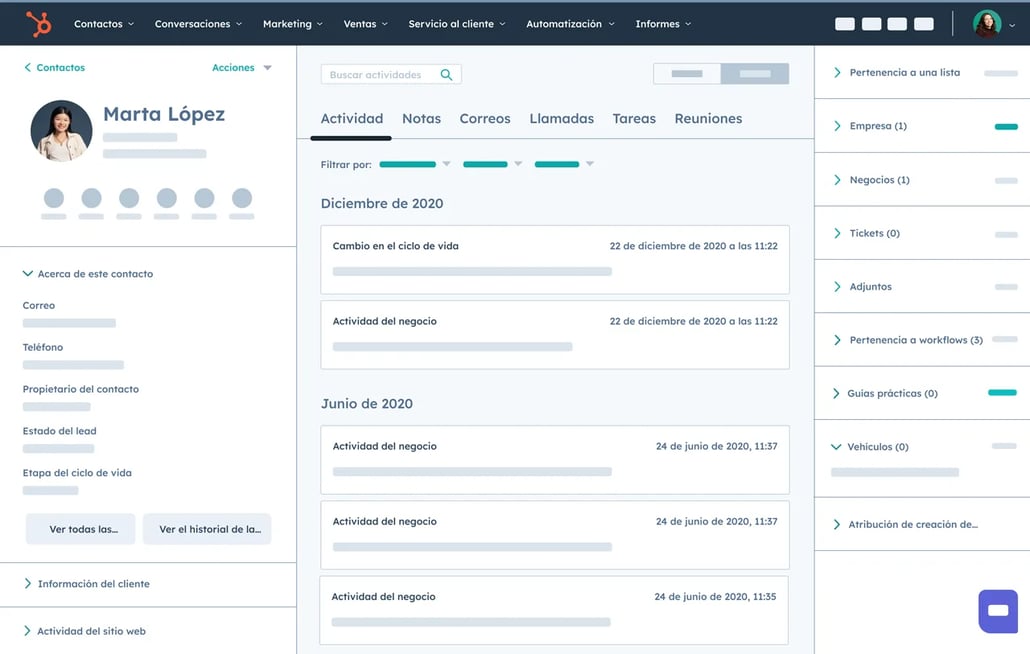 Cronología de actividades del software de gestión de leads de HubSpot