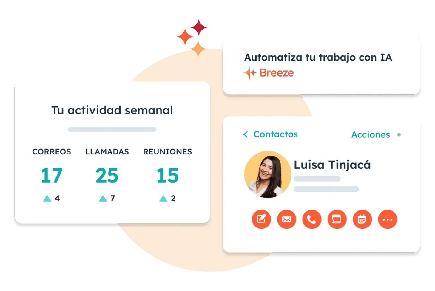 Vista del correo semanal de un usuario de HubSpot, una llamada y una reunión y un informe de servicio al cliente en su plataforma CRM