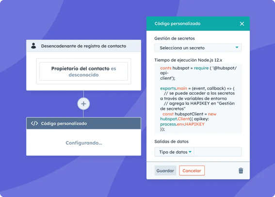 Interfaz del usuario simplificada de HubSpot que muestra cómo un usuario puede crear un desencadenante de registro de contacto en función de una configuración con código de programación personalizado