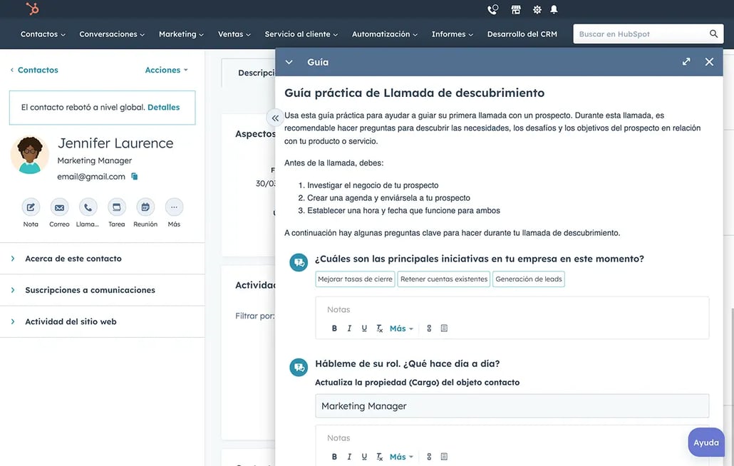 Captura de pantalla del software de guiones de ventas en la plataforma CRM de HubSpot.