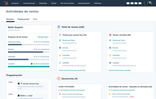 Espacio de trabajo de HubSpot con resumen de las actividades de ventas