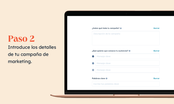 Cuadro de diálogo para introducir detalles de la campaña en el asistente con IA de HubSpot.