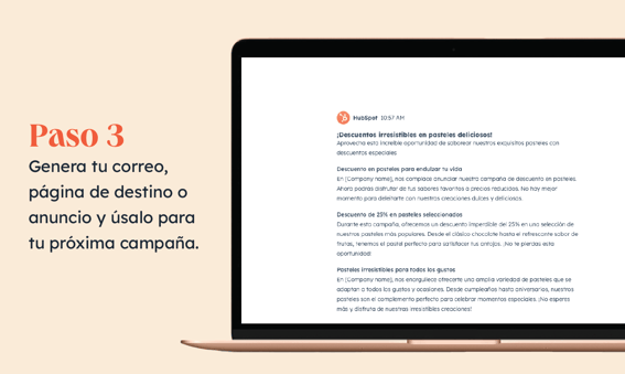 Editor del contenido generado del asistente de campañas de HubSpot.