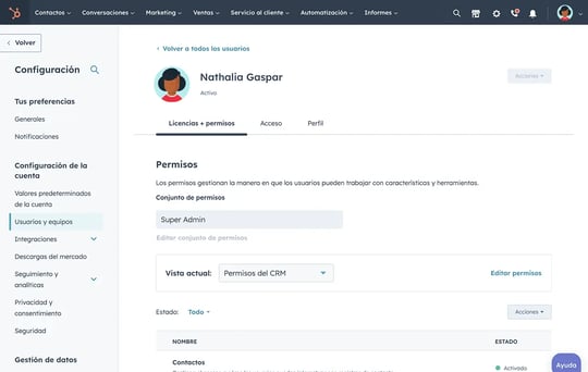 Configuración de permisos en HubSpot