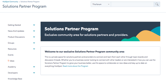 Pantallazo del área exclusiva de la comunidad de  Solutions Partners