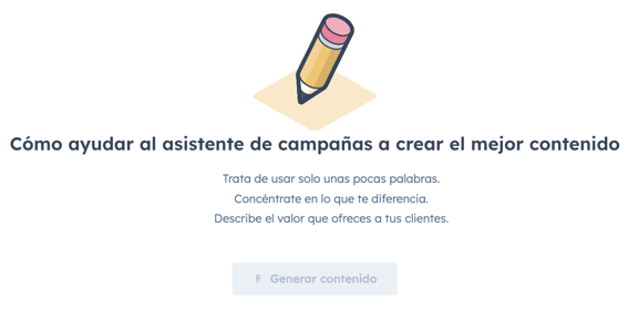 Página de inicio del asistente de campañas de HubSpot