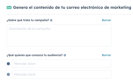 Cuadro de diálogo para generar un correo electrónico de marketing en el asistente de campañas.