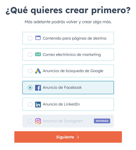 Página de inicio del generador de campañas en donde se elige generar un anuncio de Facebook.