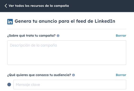 Cuadro de texto en donde se introduce la información para generar anuncios de LinkedIn.