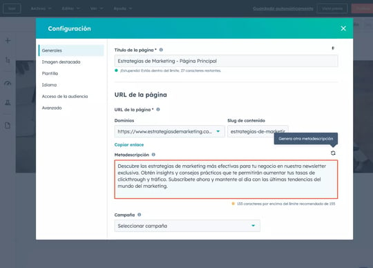 La interfaz del generador de metadescripciones de HubSpot