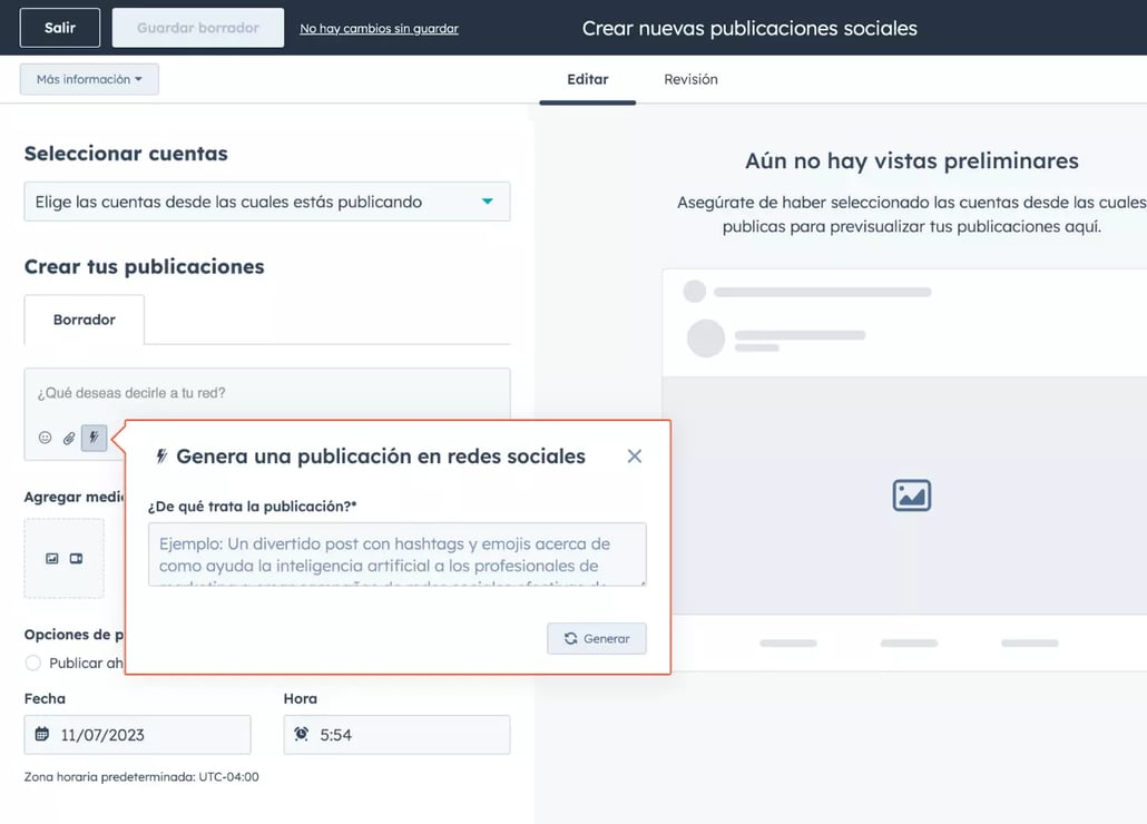 El asistente de contenido con IA de HubSpot puede escribir publicaciones en redes sociales sobre cualquier tema