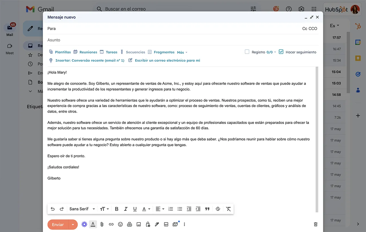 Email de ventas generado con la IA de HubSpot