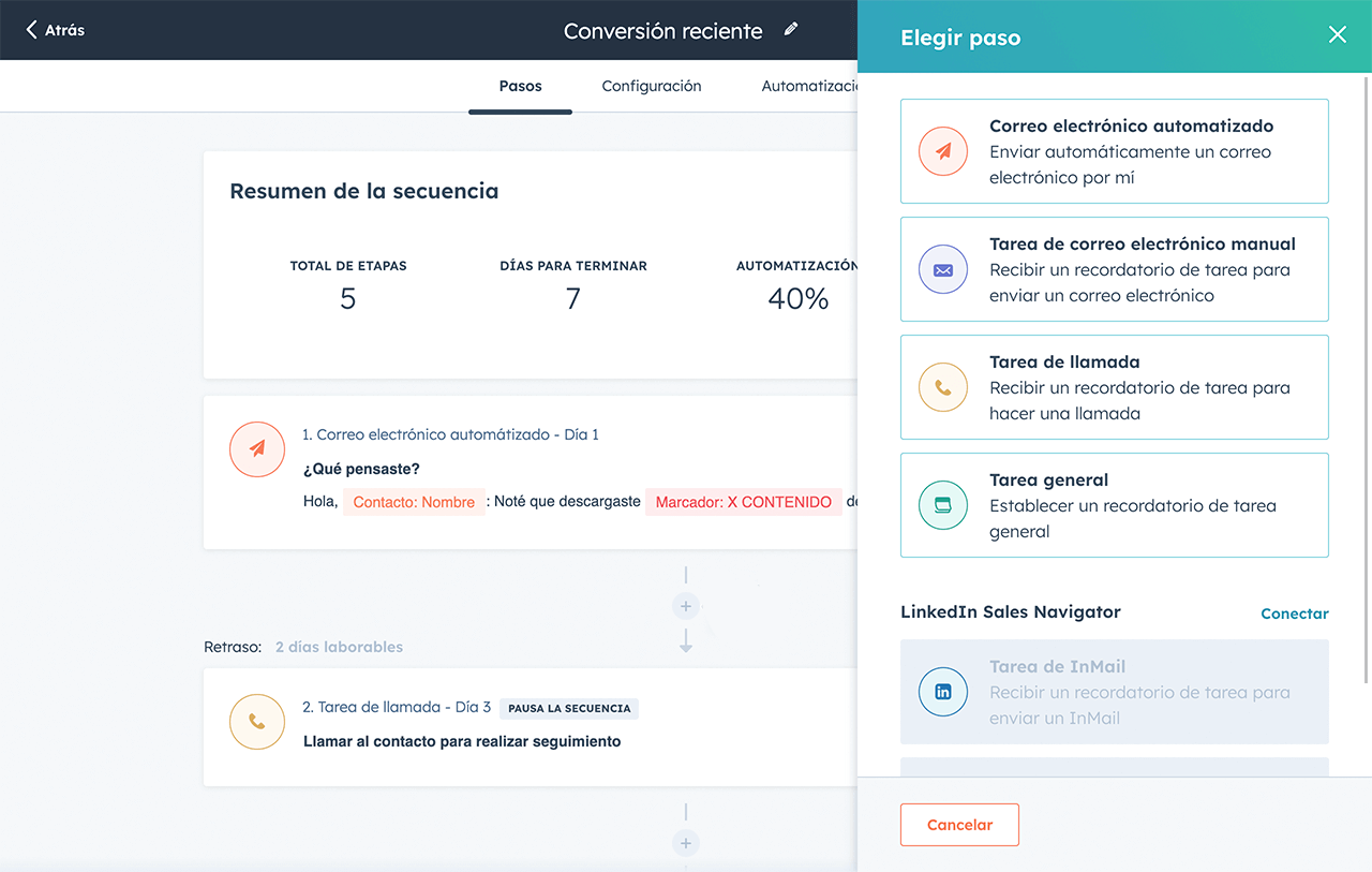 Imagen de programación de pasos de correo dentro de HubSpot