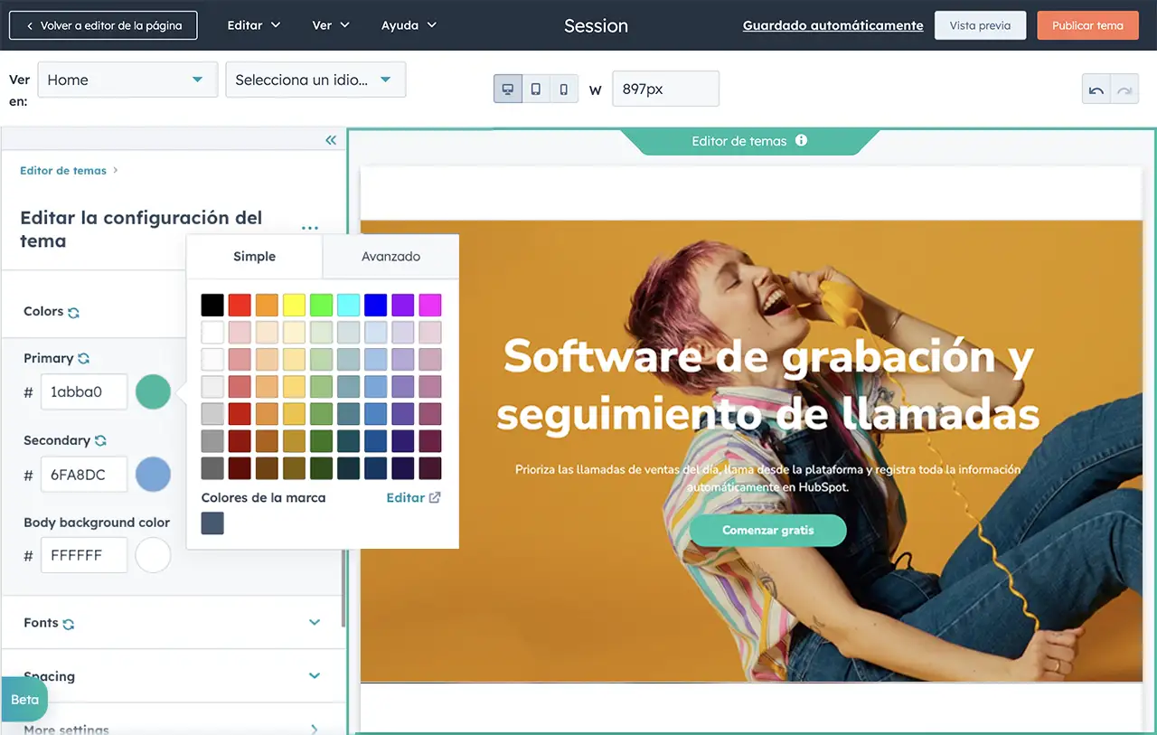 El editor de arrastrar y soltar del CMS de HubSpot.