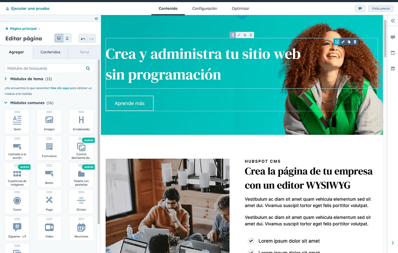 Interfaz de arrastrar y soltar del creador de páginas web de HubSpot