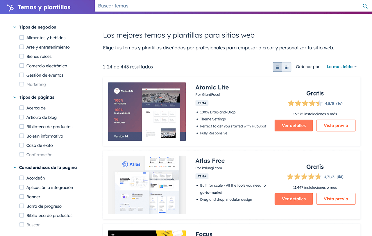 Temas gratuitos en la página del mercado de plantillas de HubSpot
