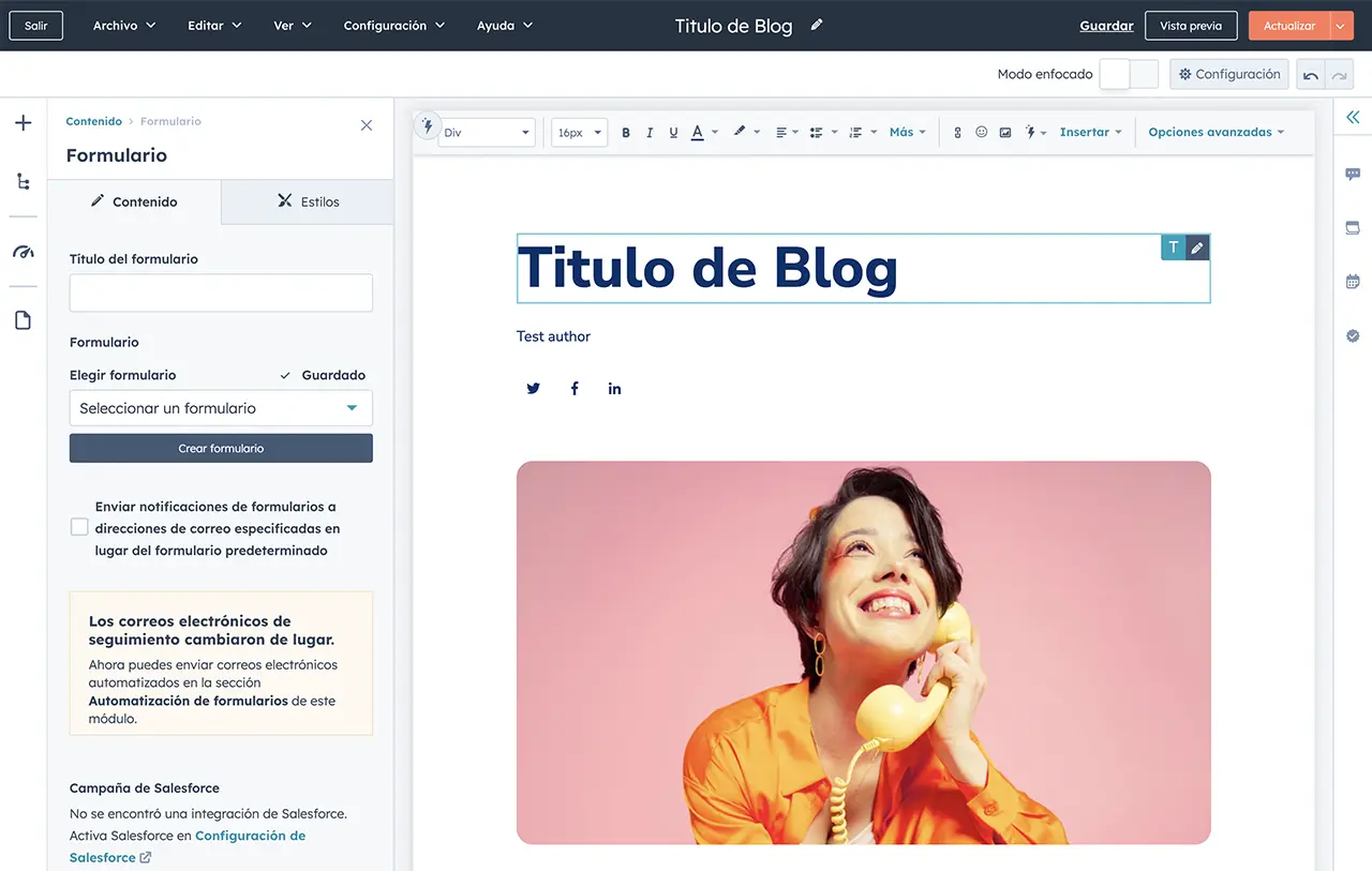 Opciones para crear Formularios en el creador de blogs de HubSpot