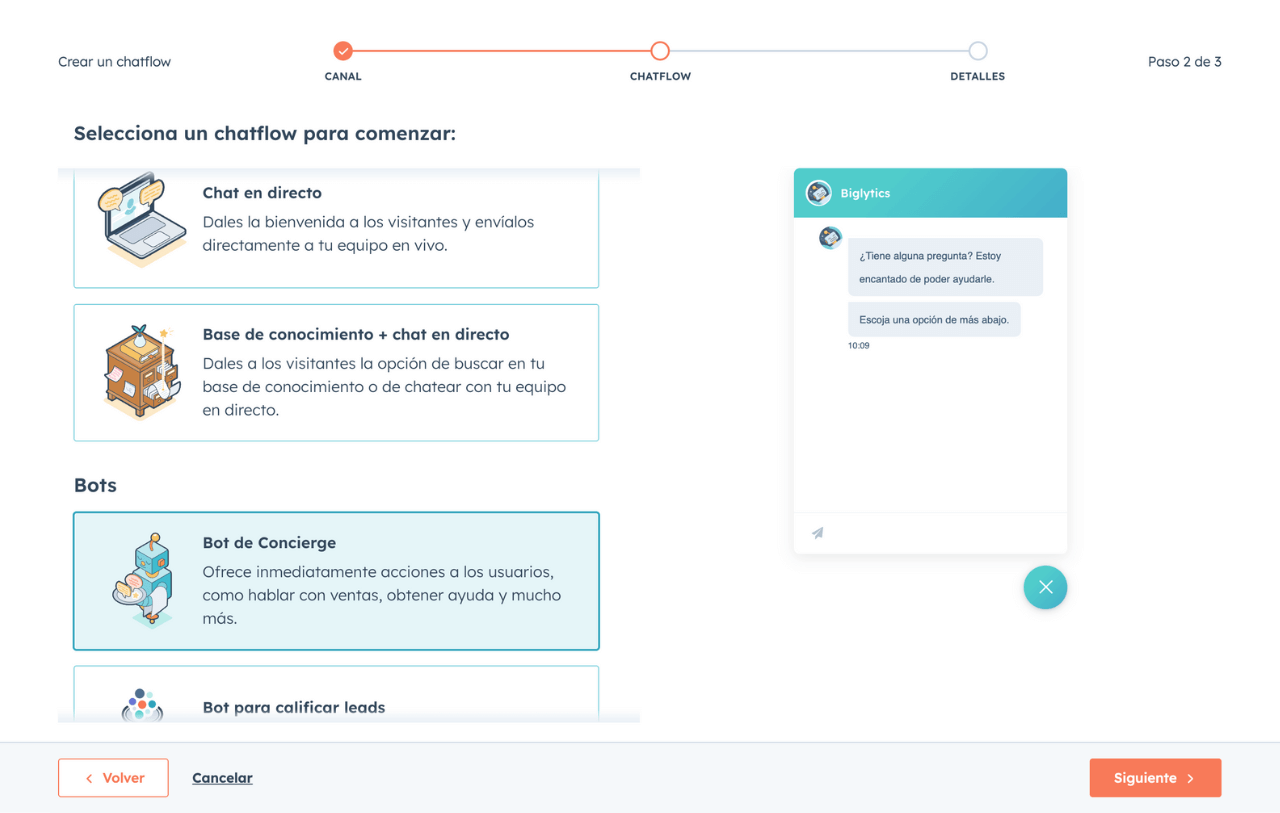 Interfaz del creador de chatflows mostrando las opciones para agregar un chat en directo y un chatbot al sitio web