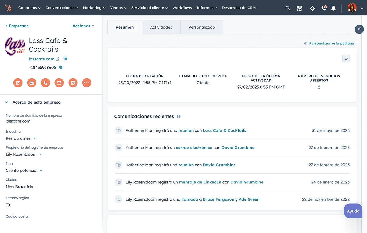 Historial de las acciones de un lead en un registro de contacto de HubSpot.