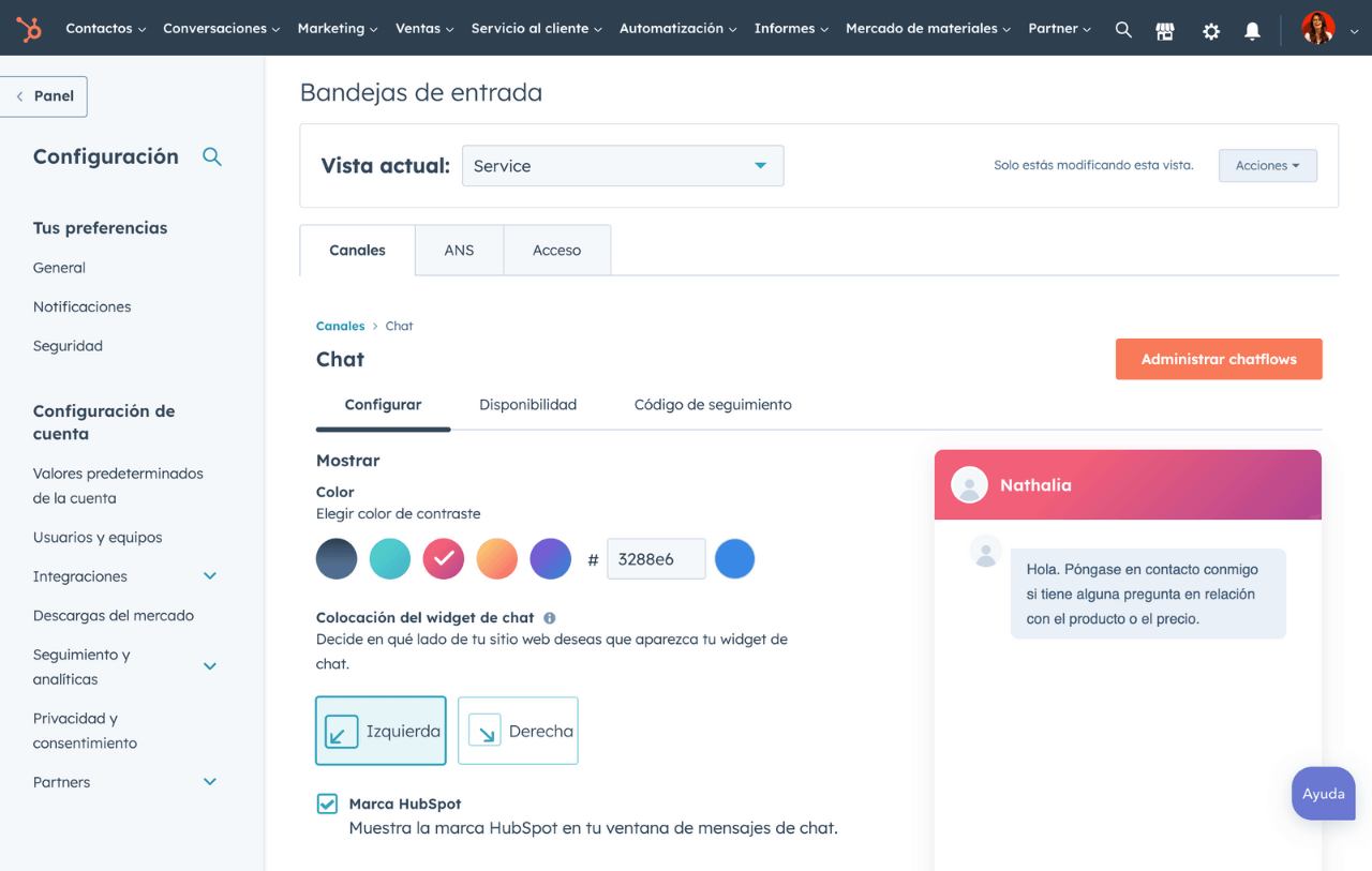 Configuración de la bandeja de entrada y chat