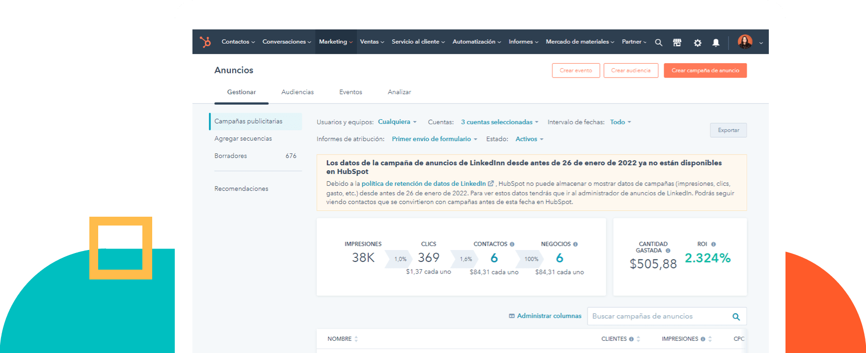 Informe de anuncio en el software de marketing de HubSpot.