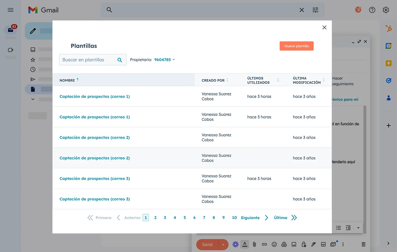 Lista de plantillas de correos electrónicos de HubSpot en la bandeja de entrada de Gmail.