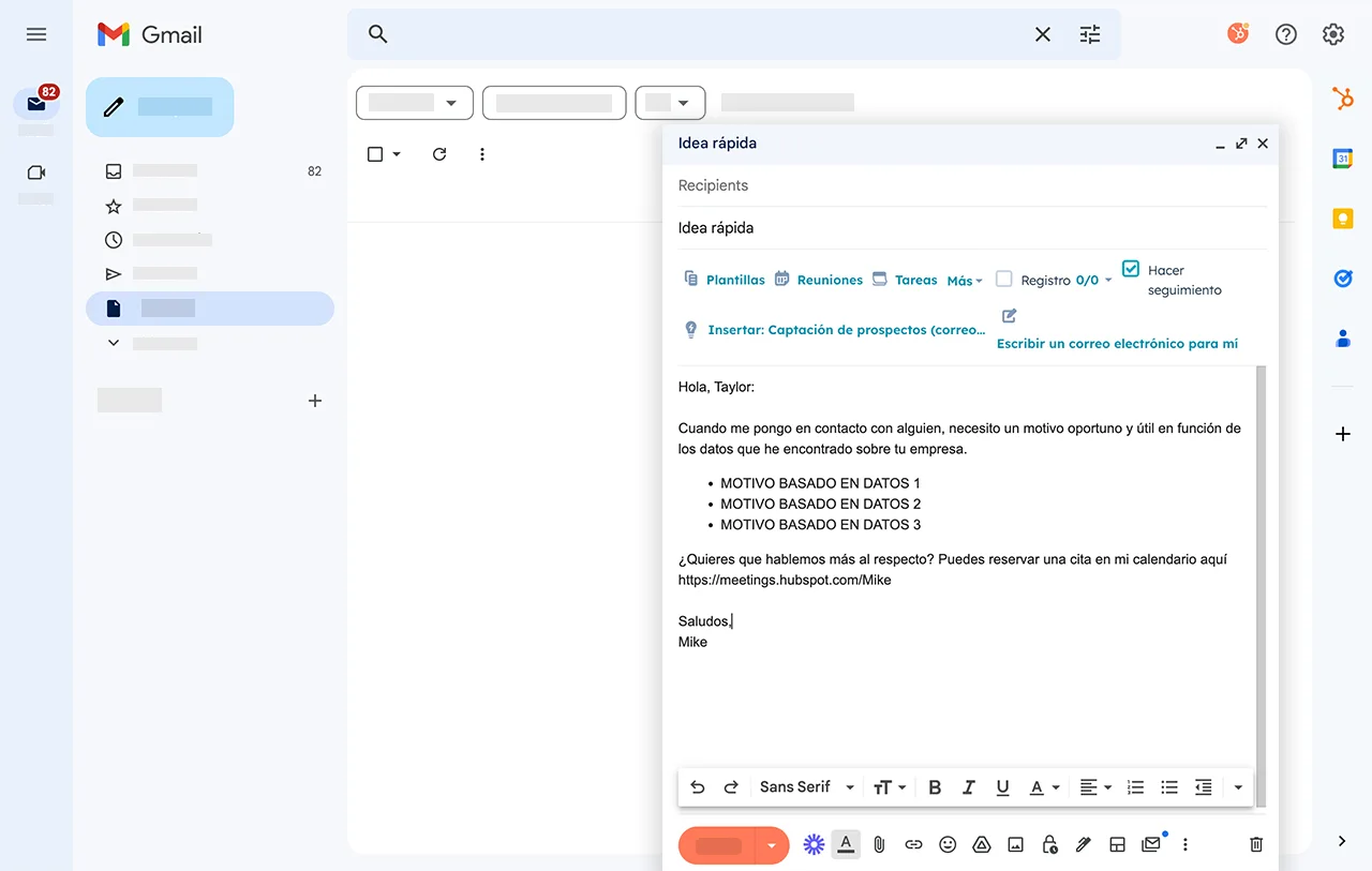 Captura de pantalla del software de gestión de contactos de HubSpot donde se muestra la integración con Gmail.