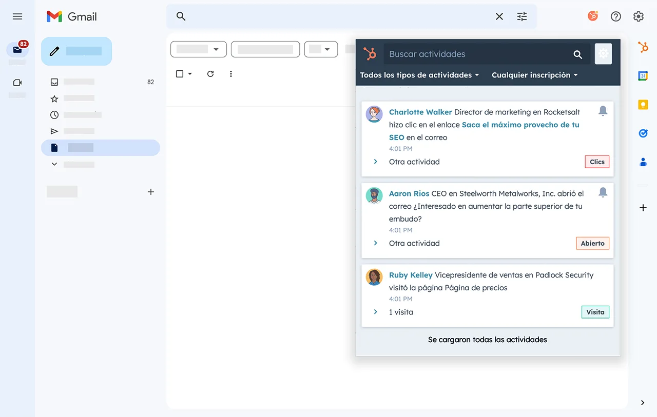Notificaciones en gmail de la herramienta de seguimiento de emails de HubSpot
