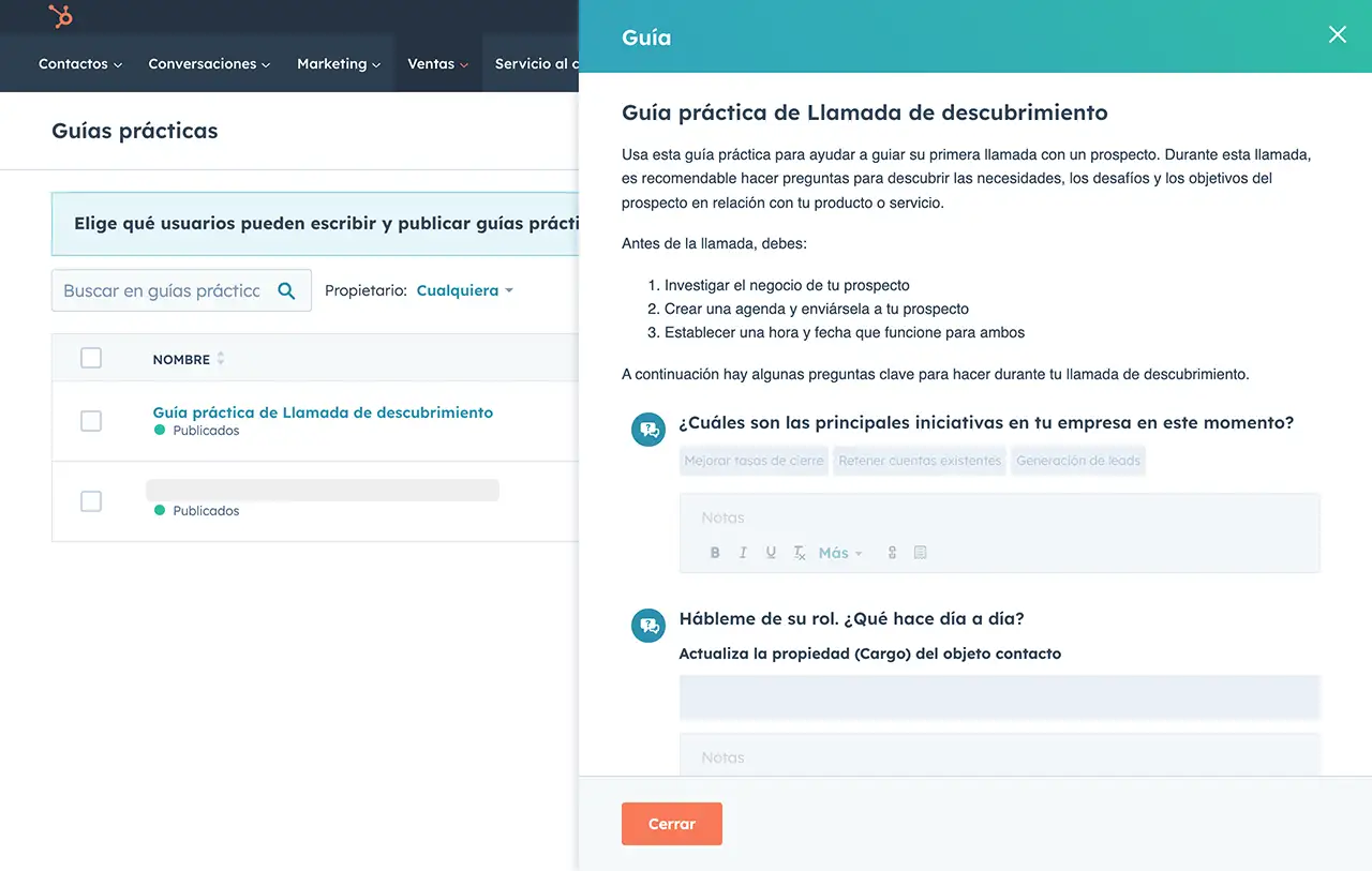 Captura de pantalla de las guías prácticas de HubSpot que muestra las opciones para tomar notas.