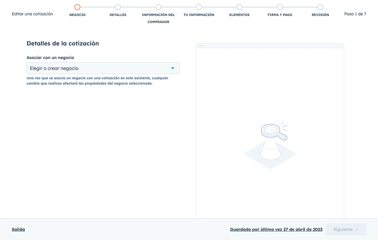 Interfaz del software para cotizaciones de HubSpot, en la que se ven las opciones para asociar una cotización con un negocio