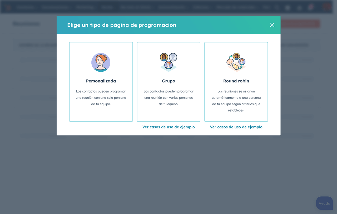 Imagen de la interfaz de reuniones de HubSpot mostrando la configuración de un enlace de reunión de grupo o de diferentes calendarios