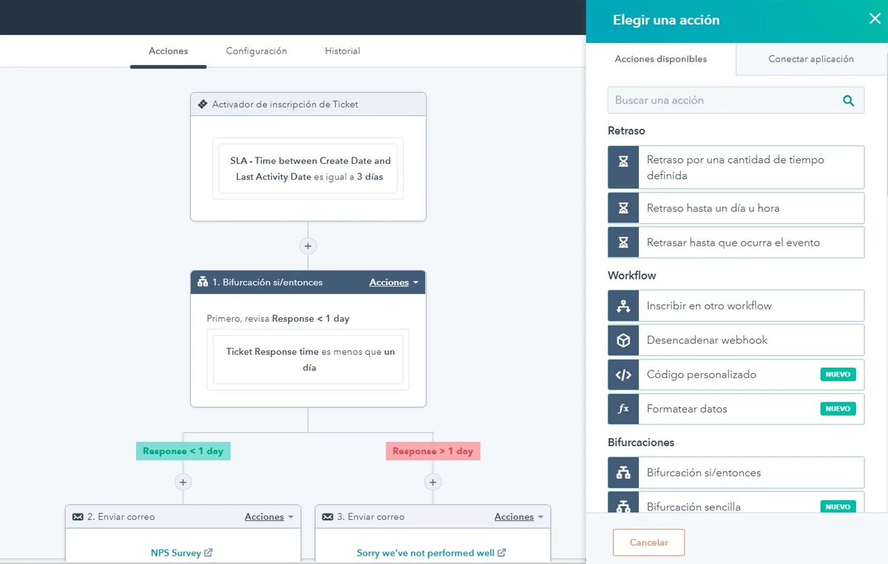 Pantallazo de un workflow para tickets de servicio al cliente