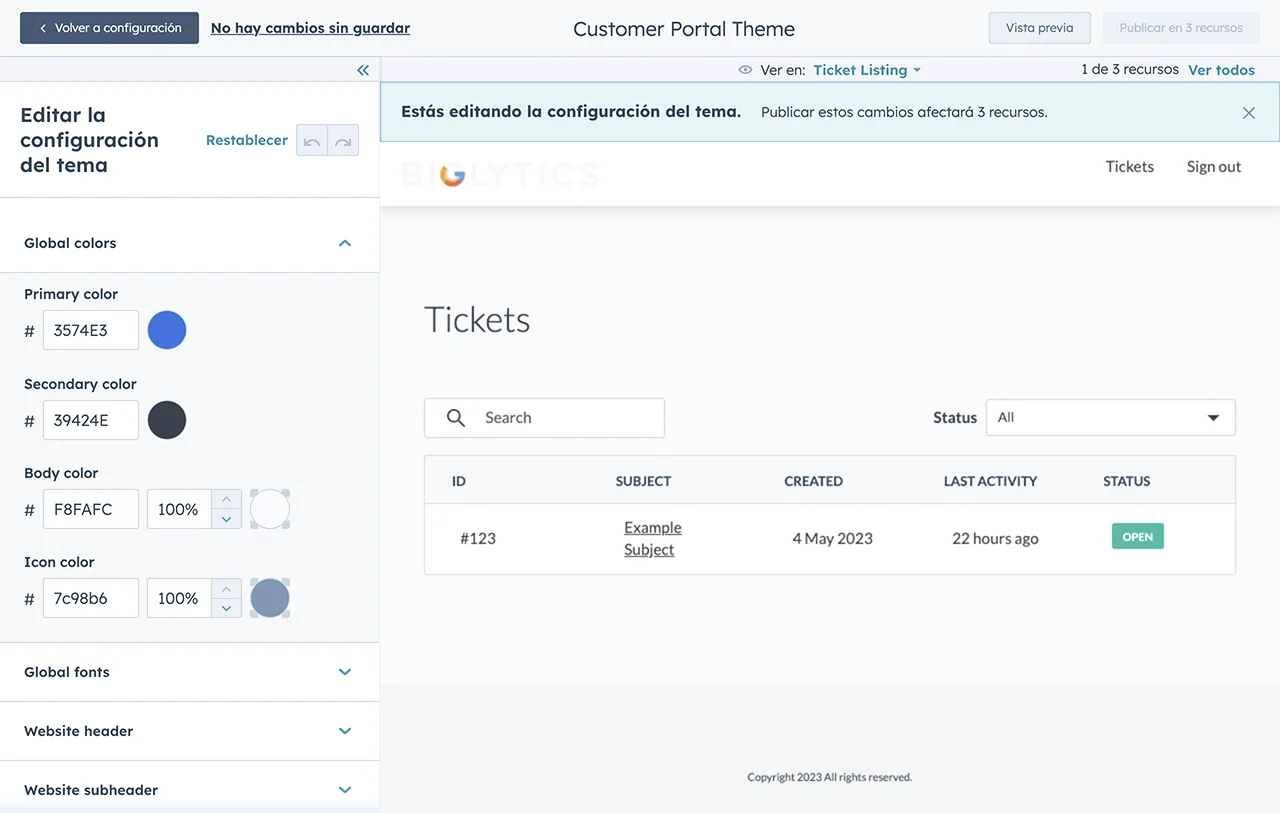 Imagen del editor de temas del portal del cliente