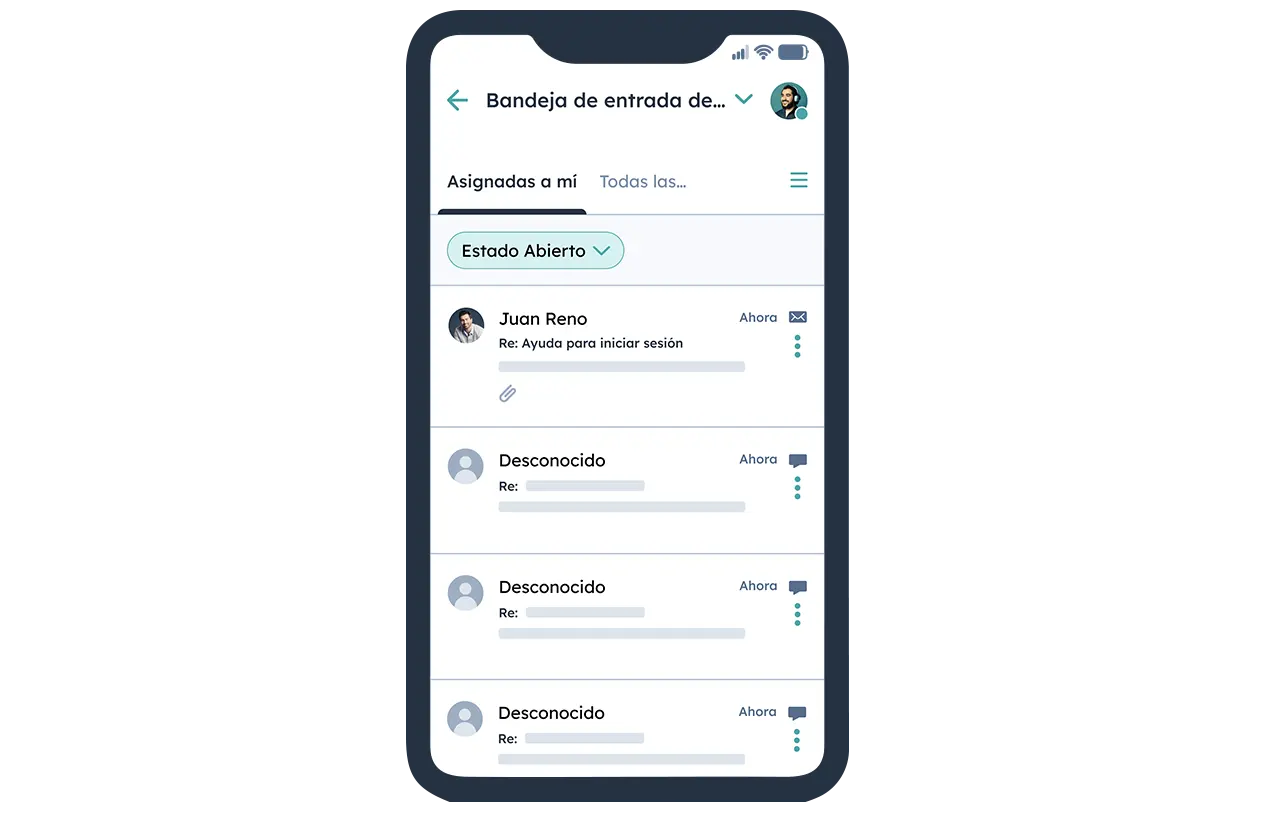 Imagen de la pantalla de un teléfono móvil mostrando la bandeja de entrada de HubSpot