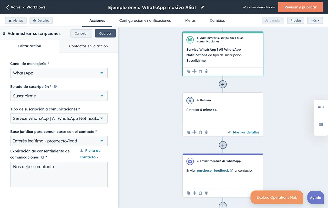 Configuración de un workflow de WhatsApp en HubSpot.