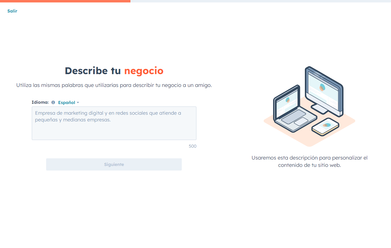 El generador de sitios web con IA de HubSpot puede generar automáticamente texto para describir a tu empresa.