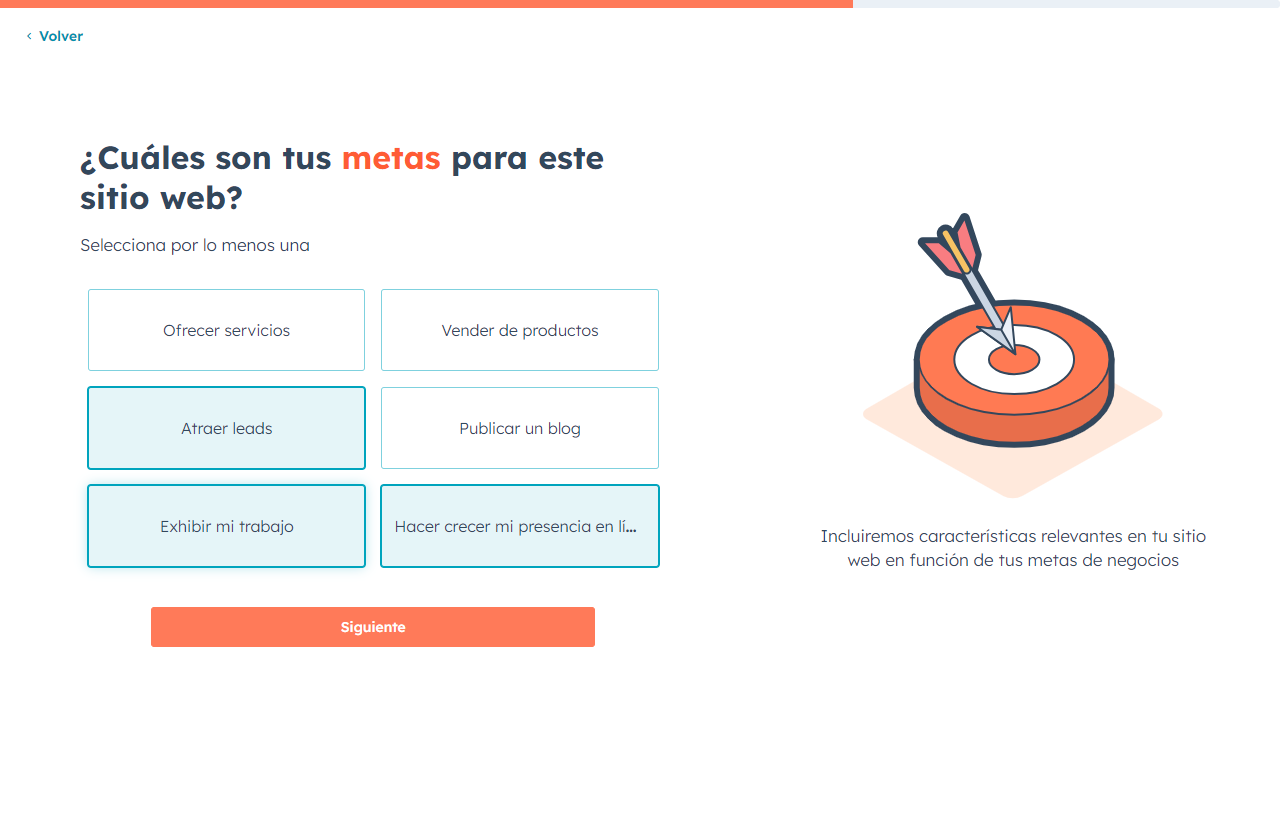 El generador de sitios web con IA de HubSpot permite seleccionar diferentes objetivos para el sitio.