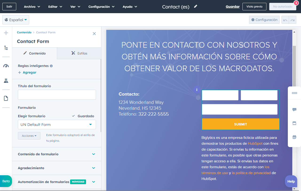 El generador de sitios web con IA de HubSpot puede crear sitios que incluyan un formulario de contacto.