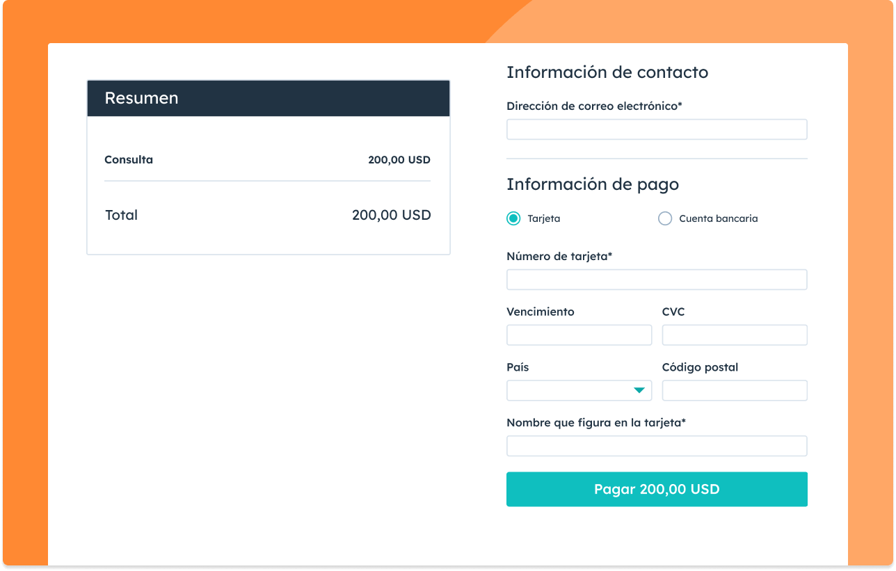 Página de pago en la herramienta de pagos de HubSpot.