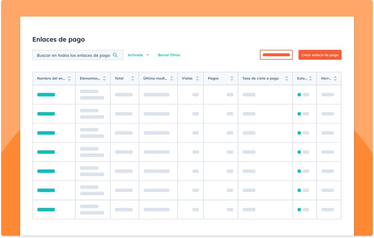 Lista de enlaces de pago en la herramienta de pagos de HubSpot. 