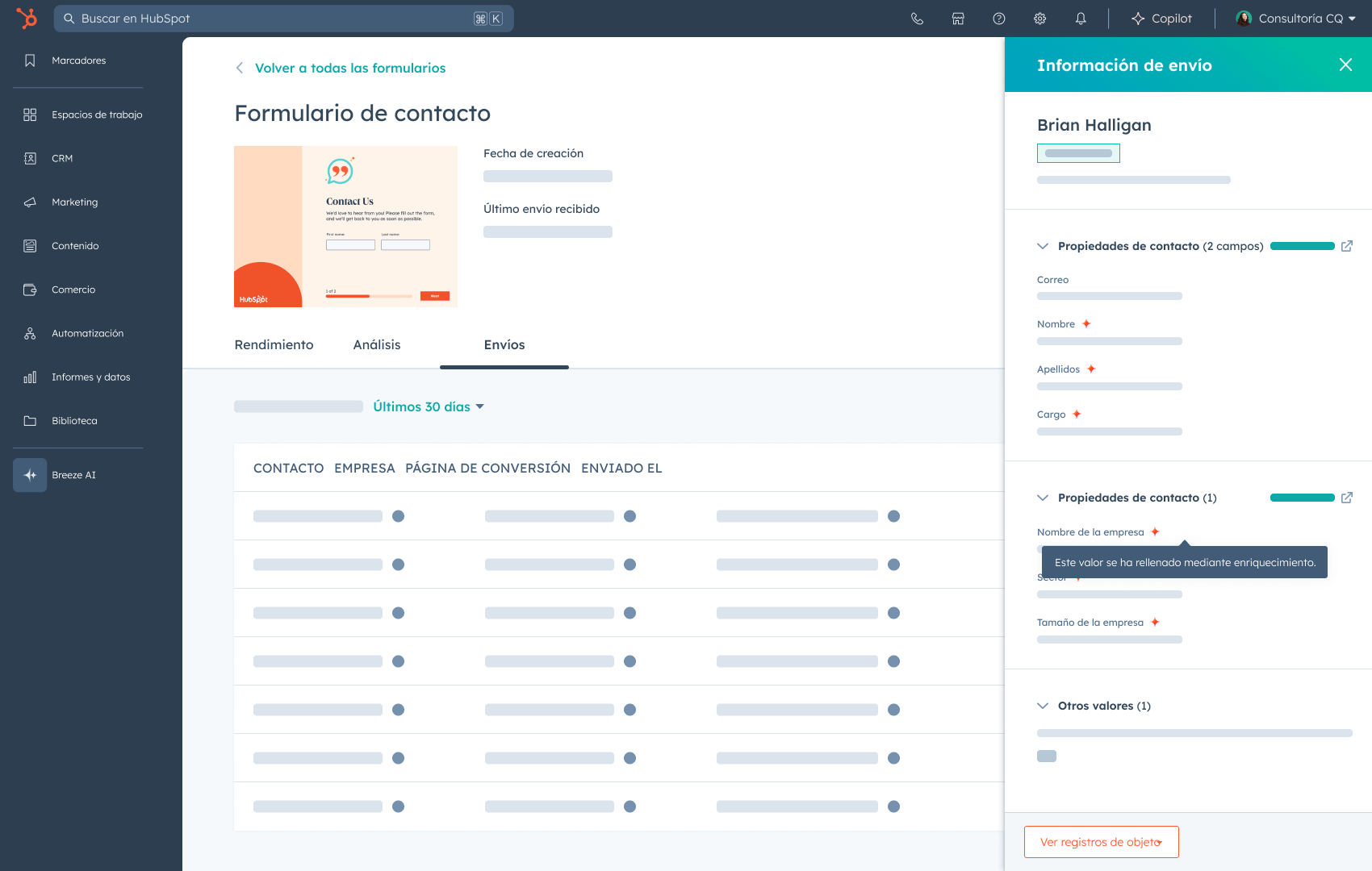 Lista de leads de formularios de llenado automático