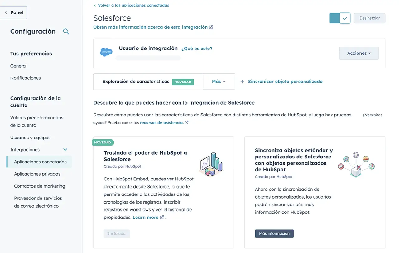 Pantalla de configuración de la integración de Salesforce y HubSpot.