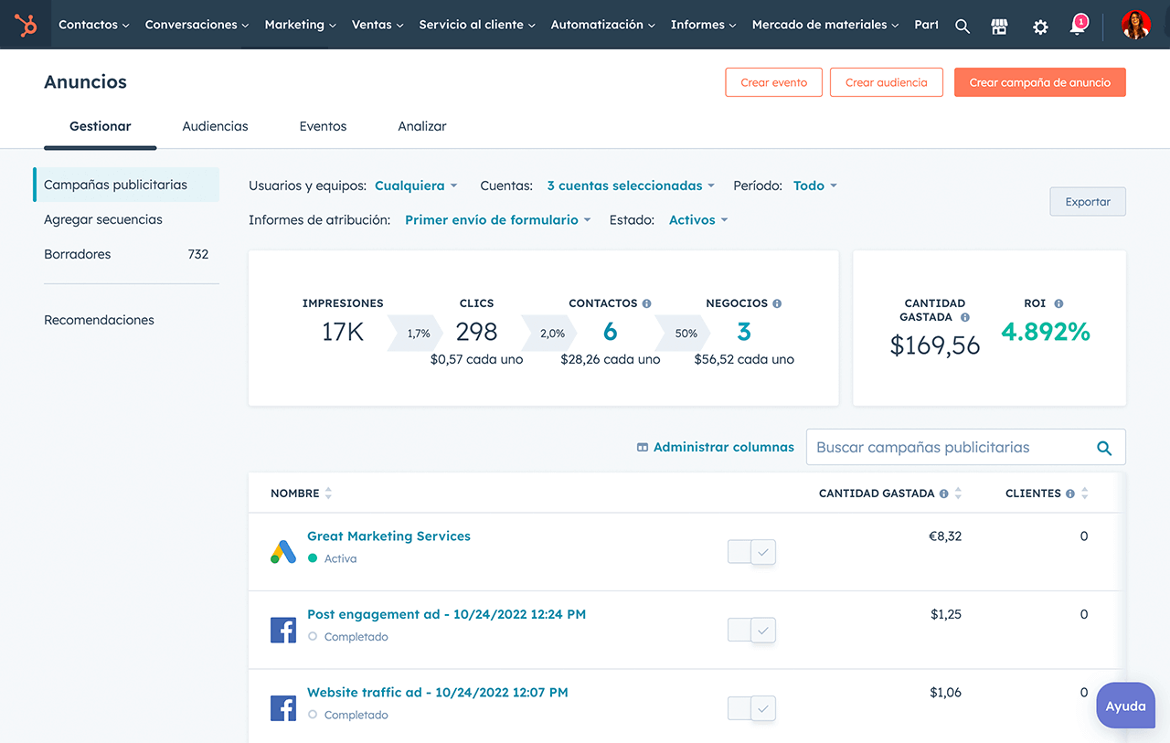 Estadísticas del gasto publicitario y del retorno de la inversión en el software publicitario de HubSpot