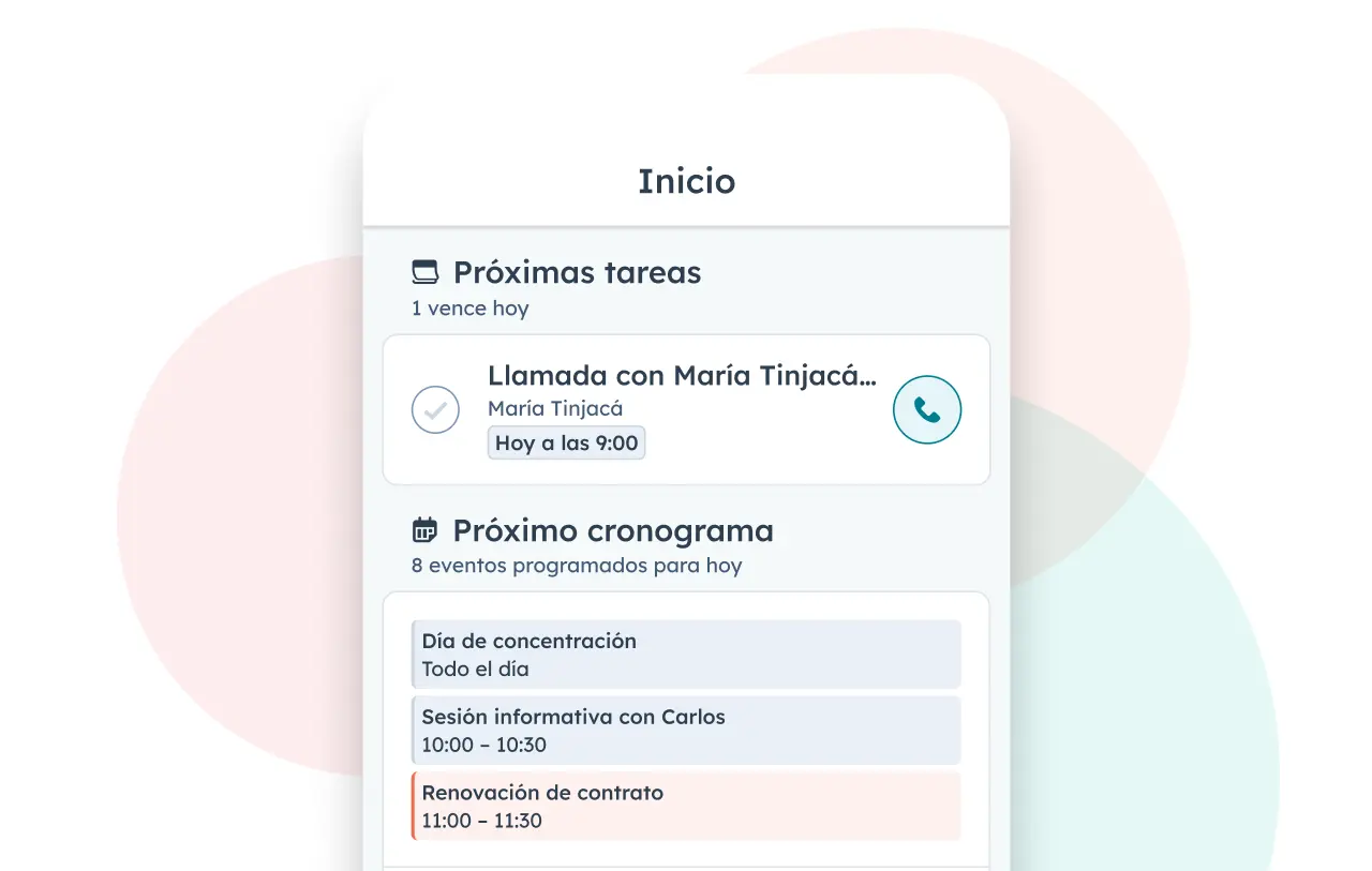 Captura de la aplicación de CRM móvil de HubSpot que muestra las próximas tareas y reuniones.