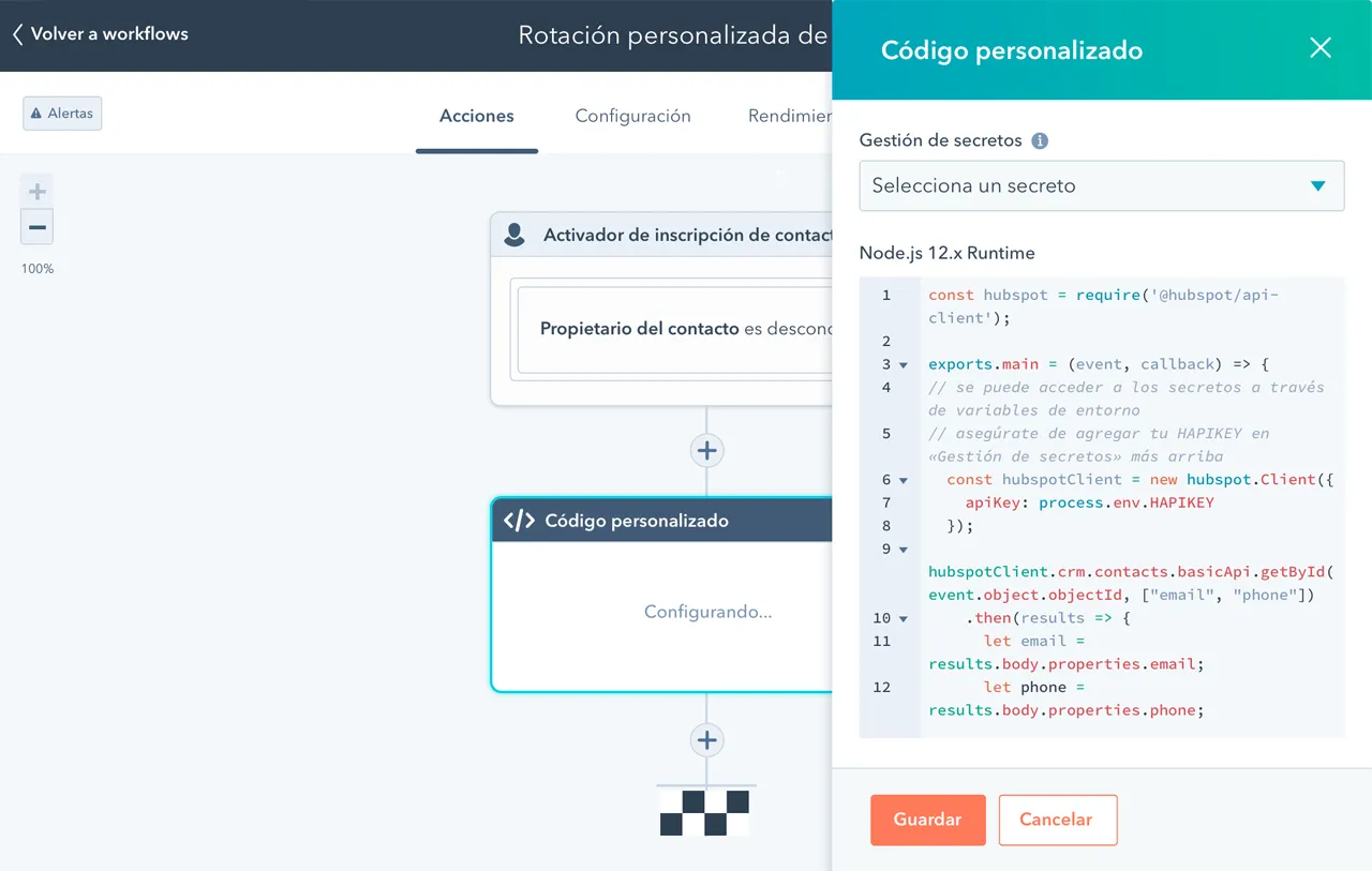 Vista de un código de JavaScript en el workflow de automatización